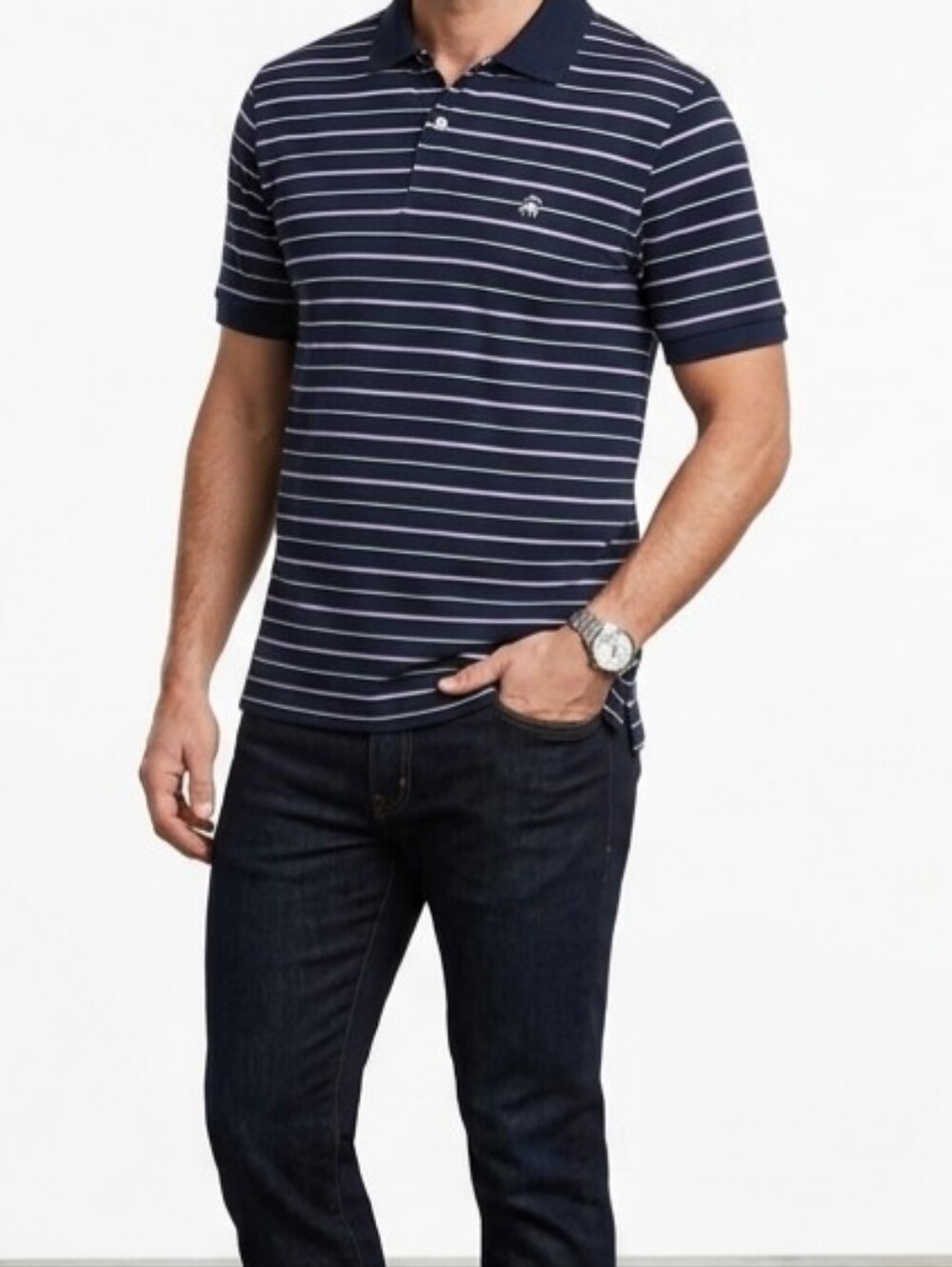 Brooks Brothers Men's Striped Polo Shirt XXL Navy Lavender White Short Sleeve
